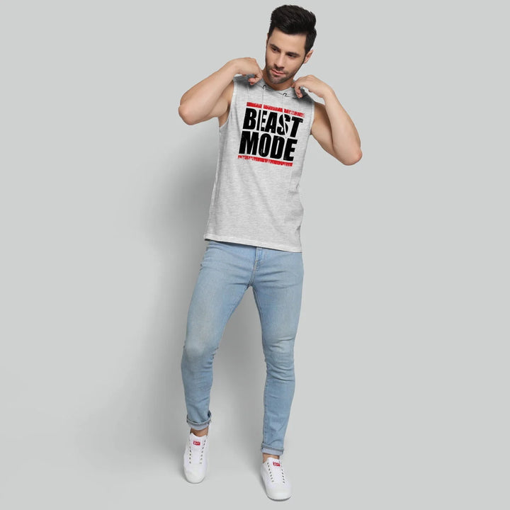 Juxar mens 18. Mesh back hoodie sando sleeveless gray top with Beast Mode print and light blue jeans