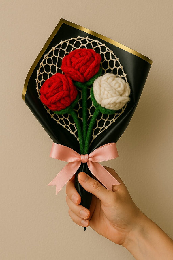 Handmade 3-Rose Bouquet – 2 Red, 1 White Crochet Flowers & Bow