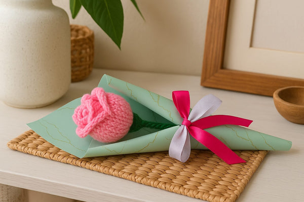 Crochet Pink Rose – Handmade Woolen Flower Gift in Green Gift Wrap Pink Rose Artificial Flower
