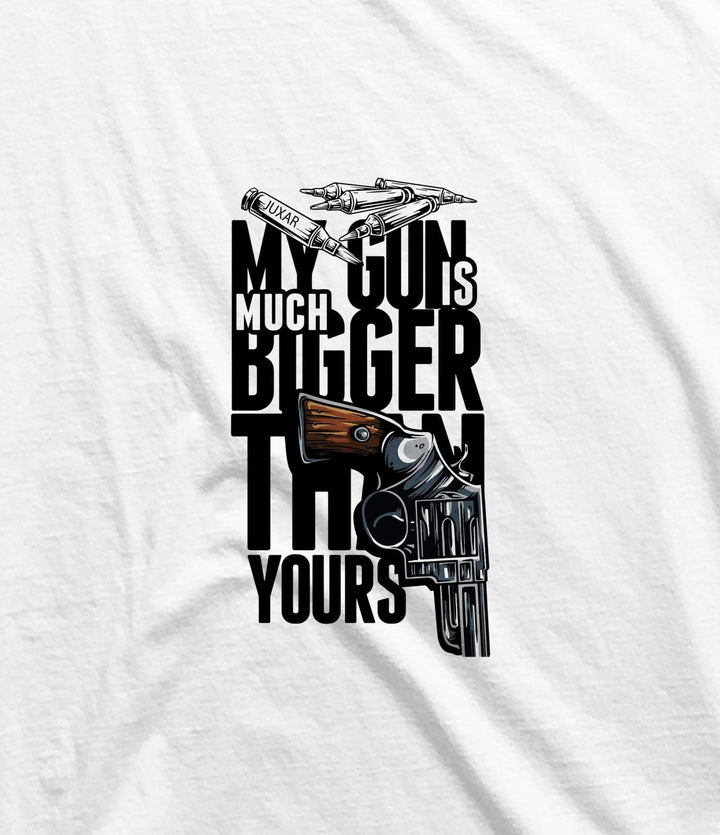 Juxar white cotton longline tee with revolver graphic and My Gun Is Much Bigger Than Yours print funny gun graphic t-shirt