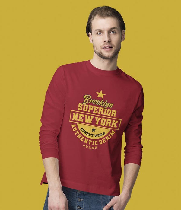 Juxar red crewneck cute printed long sleeve t shirt with yellow Brooklyn Superior New York vintage graphic on model