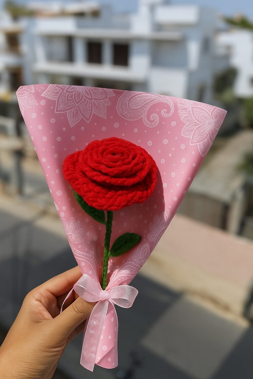 Red Roses Handmade Large Red Rose – Handmade Crochet Flower with Elegant Pink Wrapping – Juxar