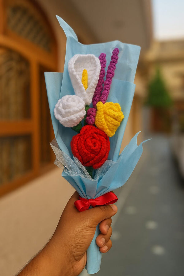 Crochet Flower Bouquet – 3 Roses, 2 Lavenders & Nagpushp in Blue Wrap with Ribbon