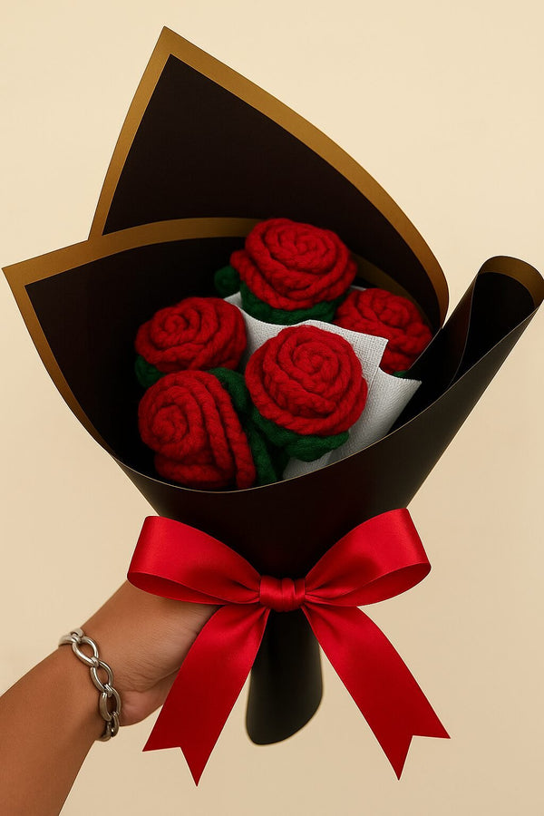Crochet 5 Red Rose Bouquet - Wool Flower Bouquet in Elegant Black Gift Wrap & Red Bow