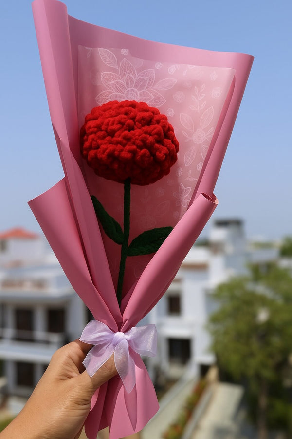 Handmade Crochet Carnation Flower – Red Wool Flower in Pink Wrap with Bow Red Carnations Artificial Flower