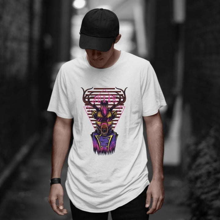 Juxar longline t shirt white cotton with neon deer skull graphic worn by male model in urban alley