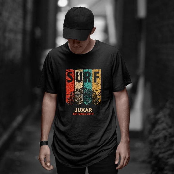 Juxar black casual cotton longline t shirt for men with retro surf graphic and relaxed fit