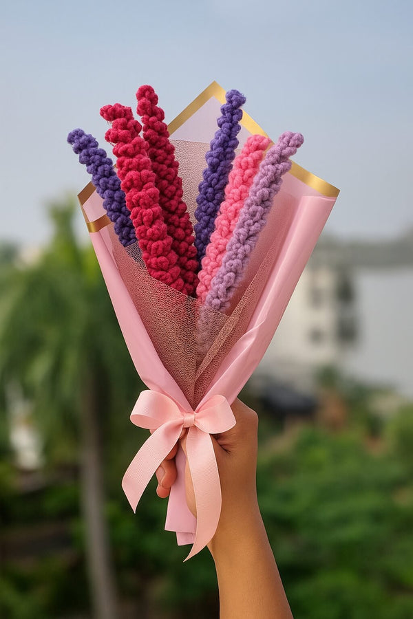 Crochet Lavender Bouquet – 6 Handmade Stems in Pink Gift Wrap