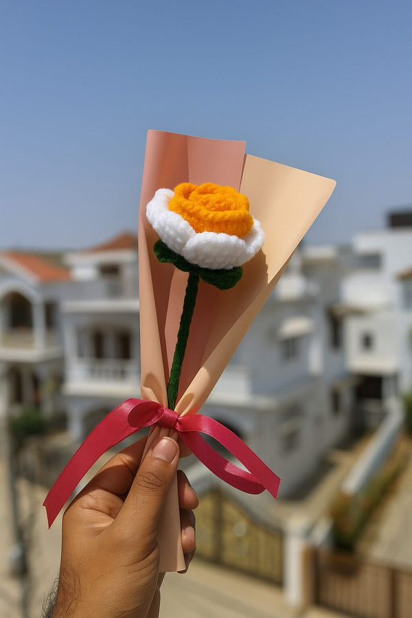 Crochet Orange White Rose – Woolen Flower Gift with Elegant Wrap Multicolor Rose Artificial Flower