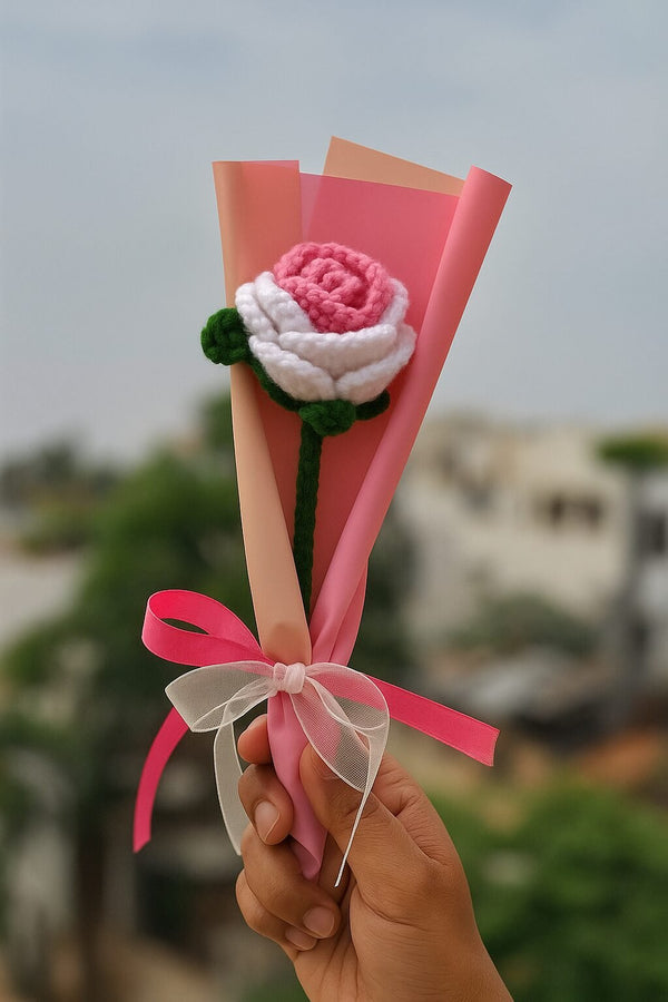 Crochet Pink & White Rose – Handmade Wool Flower Gift with Ribbon Wrap Multicolor Rose Artificial Flower