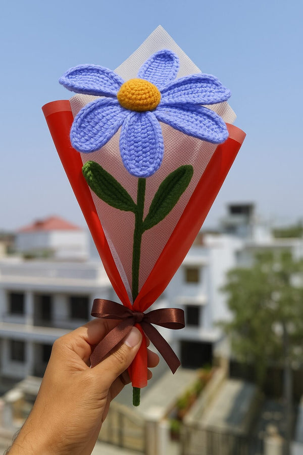 Crochet Purple Lily – Handmade Wool Flower with Red Wrap & Ribbon