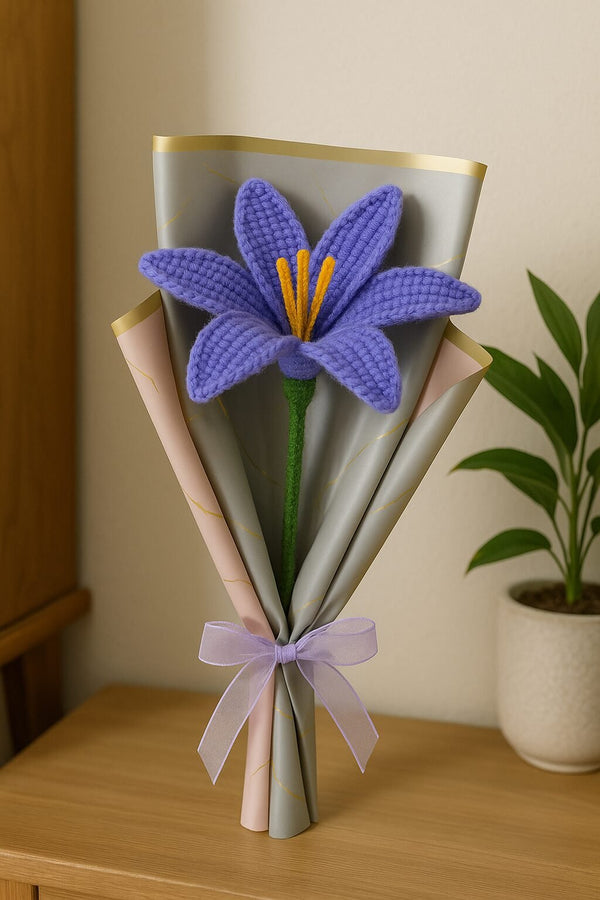 Crochet Purple Lily – Handmade Wool Flower Gift with Pastel Wrap & Bow Purple Lily Artificial Flower