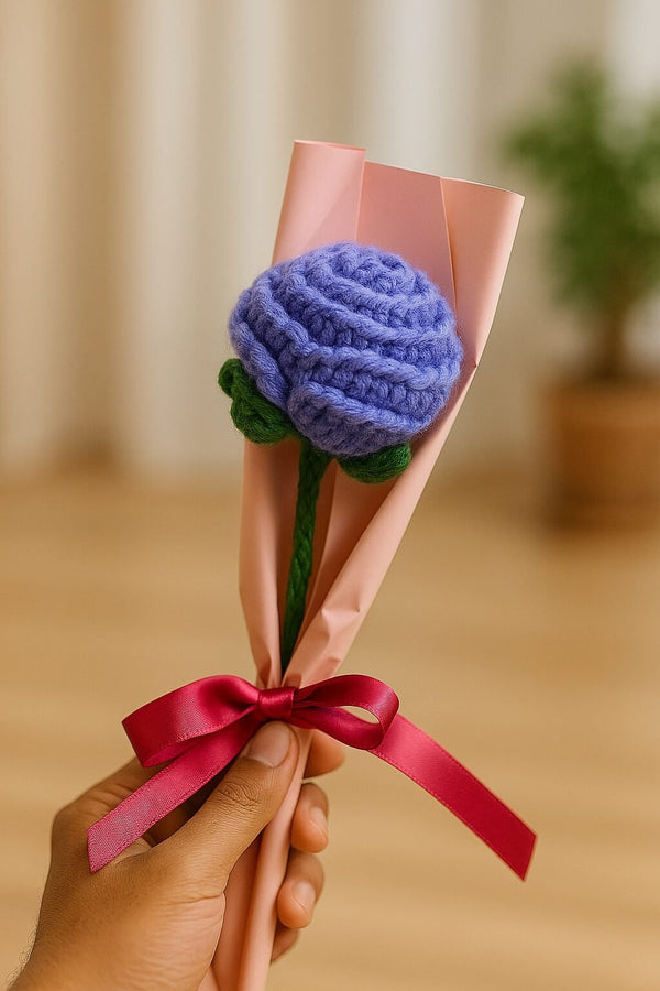 Crochet Purple Rose – Handmade Wool Flower Gift with Pink Wrap