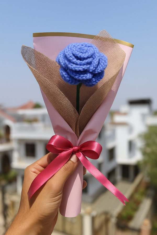 Purple Crochet Rose – Handmade Flower with Jute, Pink Gift Wrap & Pink Bow