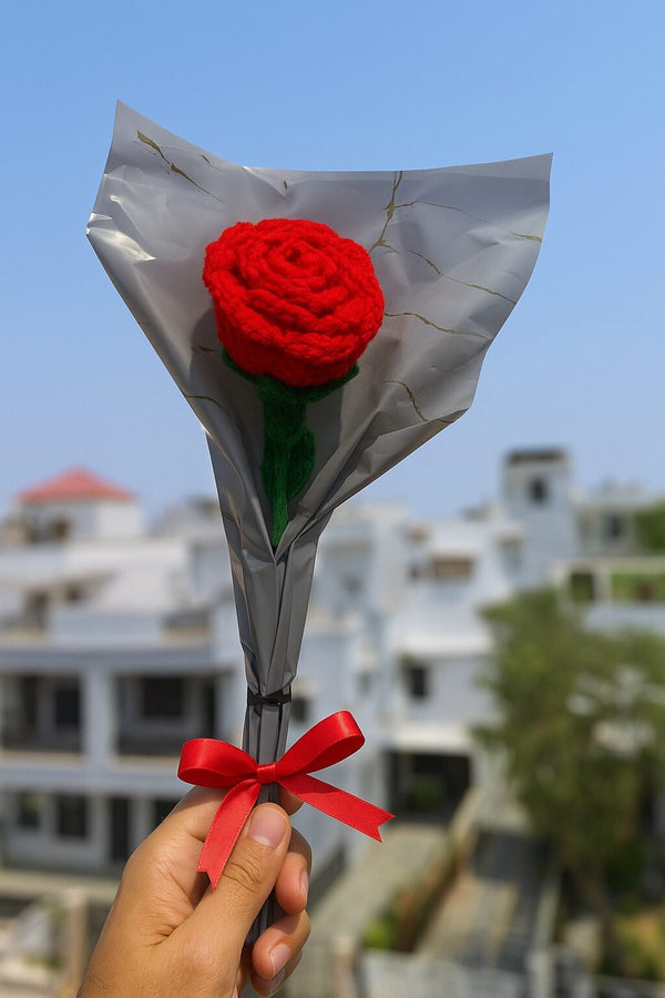 Crochet Red Rose – Handmade Wool Flower with Grey Wrap & Red Ribbon