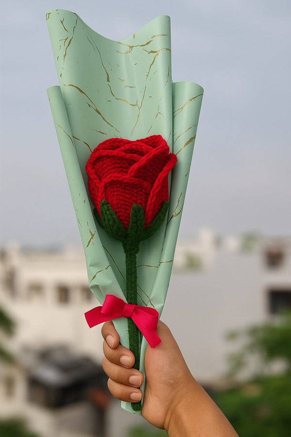 Romantic Crochet Red Rose – Woolen Flower in Gift Wrap with Ribbon Red Rose Artificial Flower