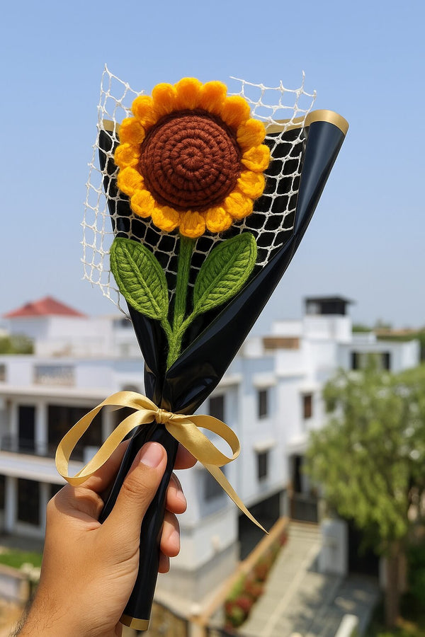 Crochet Sunflower – Handmade Wool Flower with Black Wrap & Ribbon