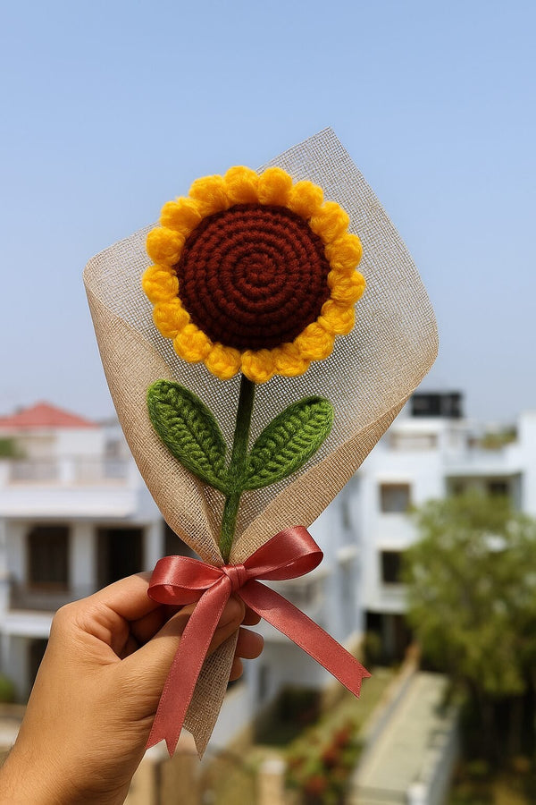 Crochet Sunflower – Handmade Wool Flower with Net Wrap & Red Ribbon Yellow Sunflower Artificial Flower