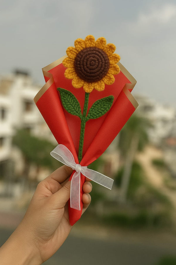 Crochet Sunflower – Handmade Wool Flower with Red Wrap & White Bow