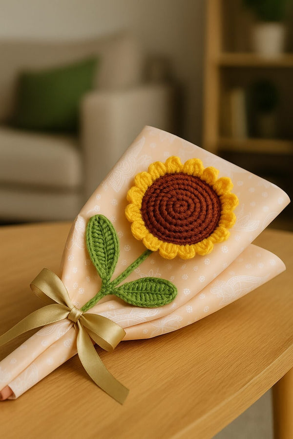 Handmade Crochet Sunflower – Wool Flower with Gift Wrap & Ribbon Multicolor Sunflower Artificial Flower