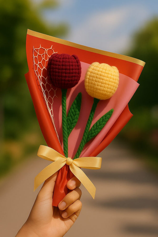 2-Tulip Crochet Bouquet – Wine Red & Yellow Wool Flowers for Gifting Multicolor Tulips Artificial Flower