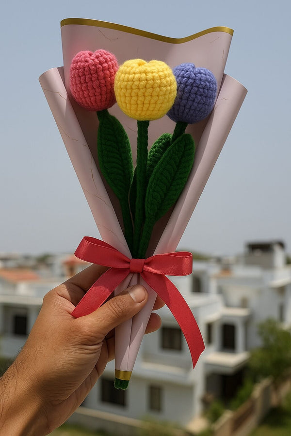 Crochet Tulips – Handmade Wool Flower Set (Pink, Yellow, Purple) Multicolor Tulips Artificial Flower