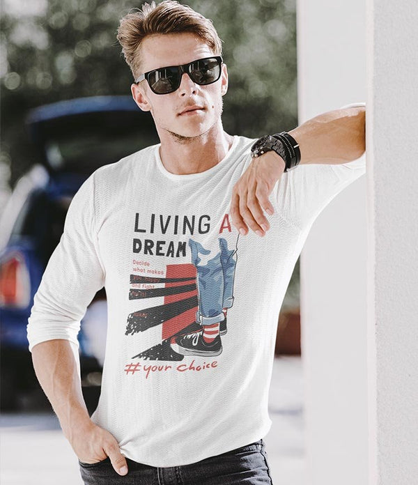 Juxar white long sleeve tee with Living A Dream sneaker print on model with sunglasses cool long sleeve cotton printed t shirt