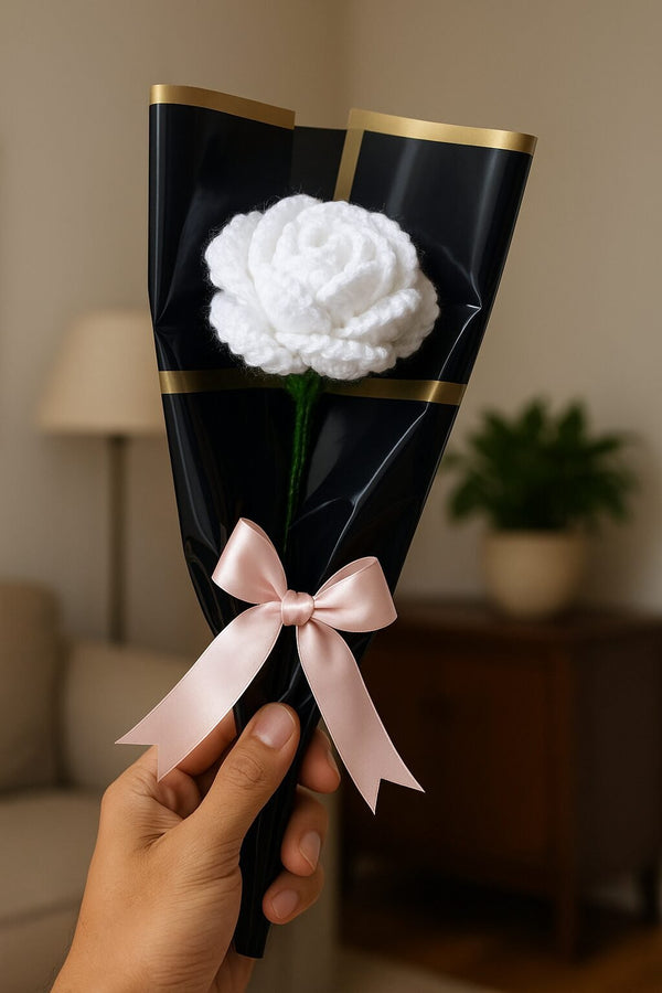 Handmade Crochet White Rose – Flower with Black Gift Wrap & Bow White Rose Artificial Flower