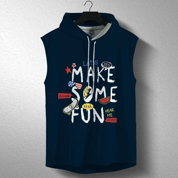 Juxar men's sleeveless activewear hoodie in navy with colorful graphic text design