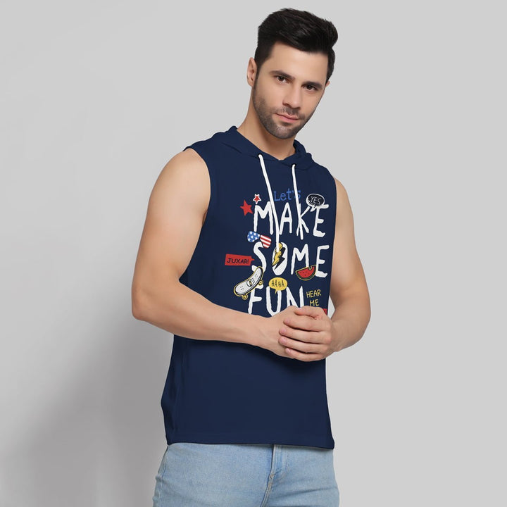 Juxar men's navy sleeveless activewear hoodie with graphic print and drawstring hood