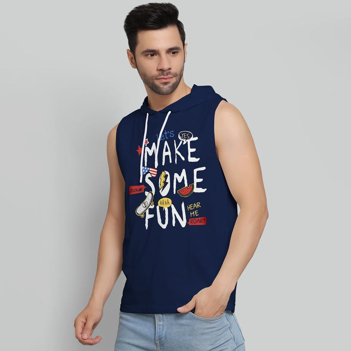 Juxar mens sleeveless activewear hoodie in navy blue with fun graphic text and drawstring hood