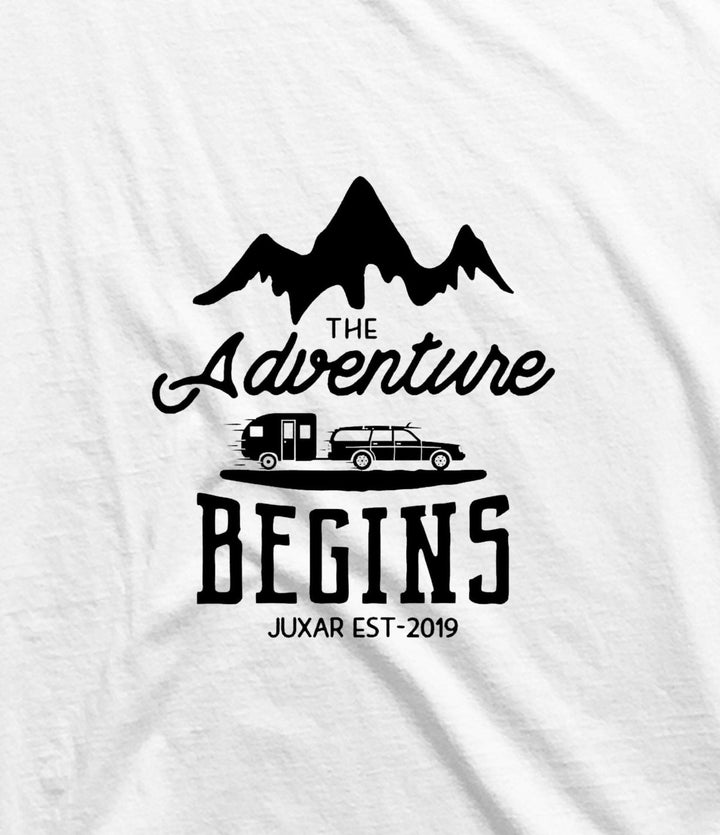 Juxar cotton longline t shirts for men white tee with black mountain caravan The Adventure Begins print