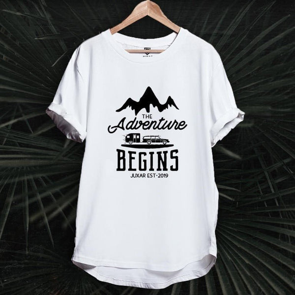 Juxar white cotton longline t shirts for men with mountain Adventure Begins graphic RV print and rolled sleeves