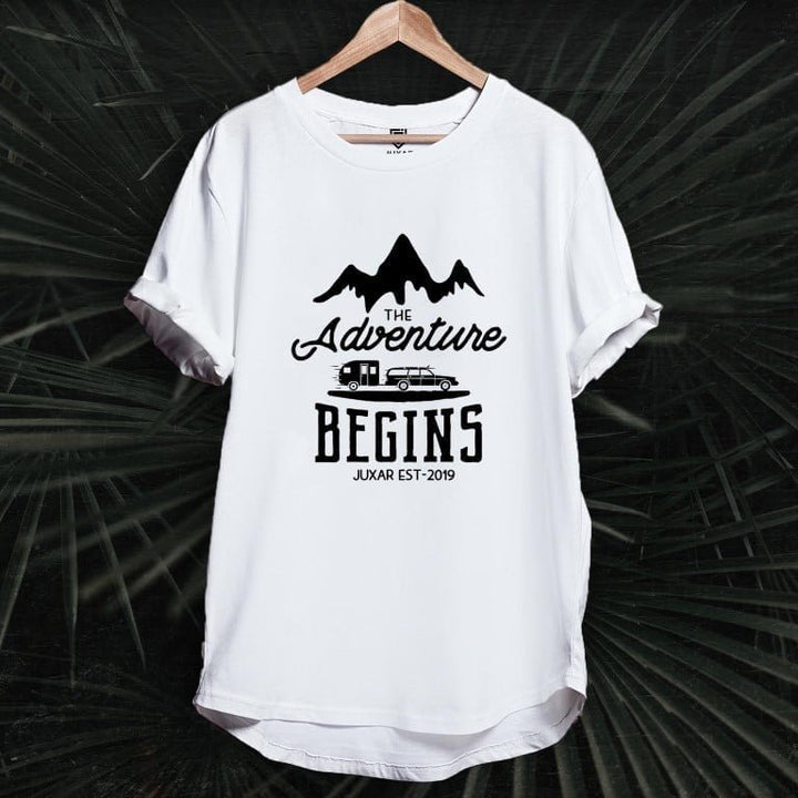 Juxar white cotton longline t shirts for men with mountain Adventure Begins graphic RV print and rolled sleeves