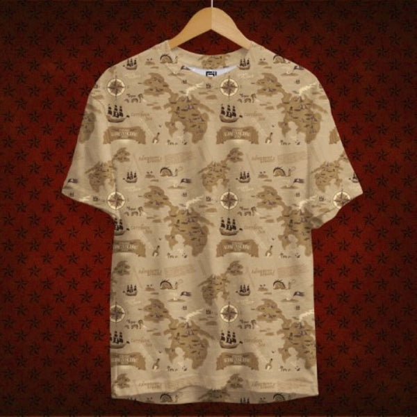 Juxar printed adventure themed shirt with vintage-style map and compass design in beige tones