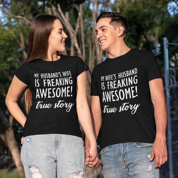 Juxar black matching shirts featuring bold white true story slogan worn by smiling couple holding hands aesthetic couple t shirt