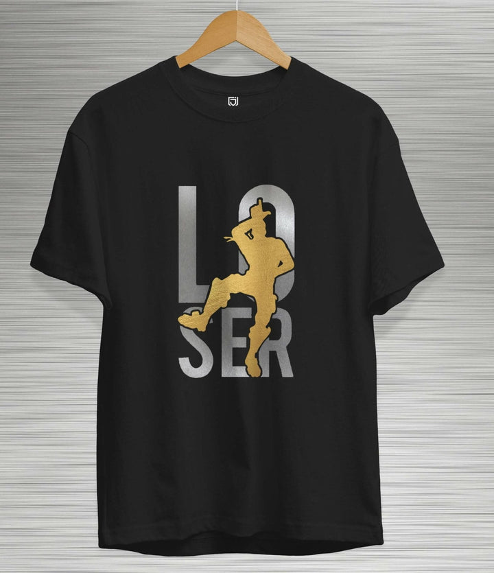 Juxar black T-shirt featuring a golden dancer graphic and 'LOSER' text, affordable cotton t shirts