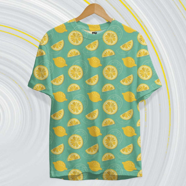 Juxar affordable printed t-shirt featuring a green background with yellow lemon patterns