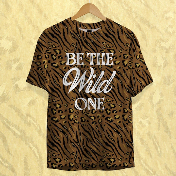 Juxar animal print graphic tee with brown and black wild pattern and Be The Wild One text