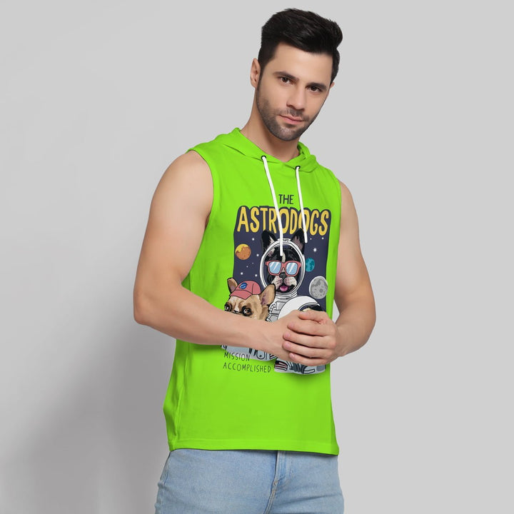 Juxar men's bright green sleeveless lightweight gym hoodie with astronaut dogs graphic