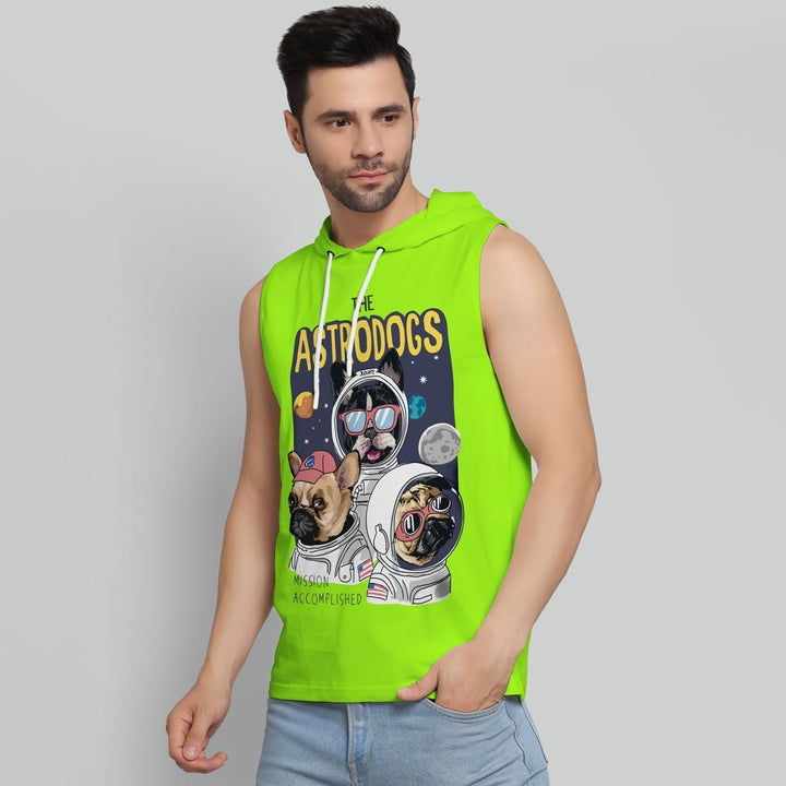 Juxar men's bright green lightweight gym hoodie sleeveless with astronaut dog print