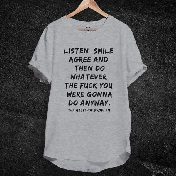 Juxar gray cotton longline tee on wooden hanger with bold black slogan print breathable cotton longline t shirt for summer