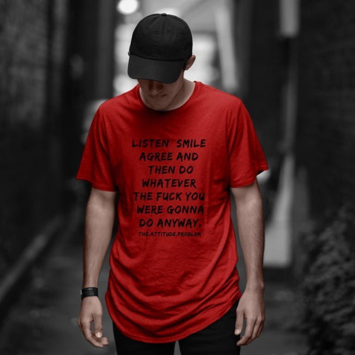 Juxar breathable cotton longline t shirt for summer red longline tee with bold black slogan worn by model