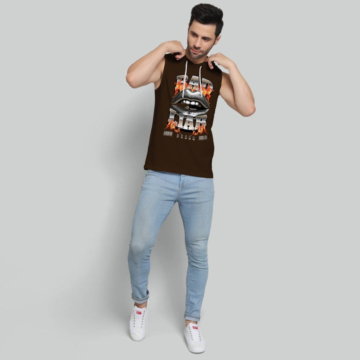 Mens brown bad liar hoodie sando with graphic print worn with light blue jeans and white sneakers