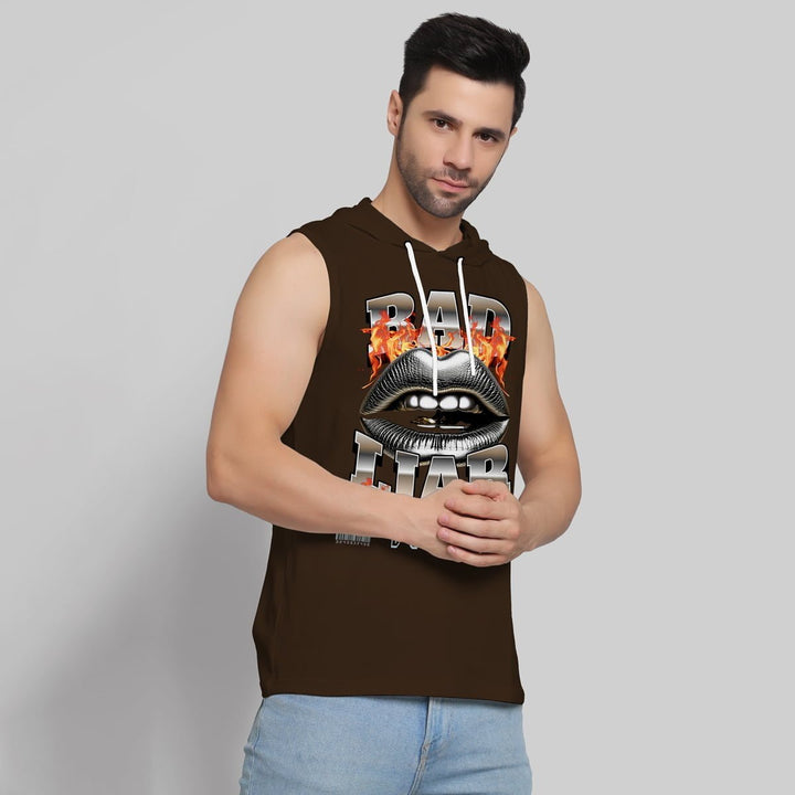 Juxar mens brown sleeveless bad liar hoodie sando with lip graphic and flame design