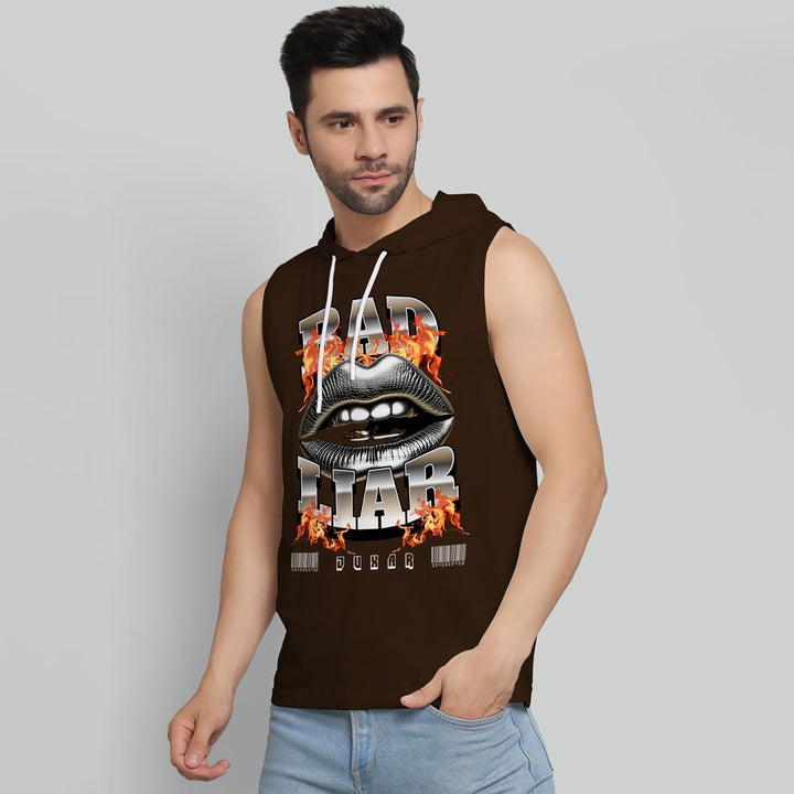 Juxar men's bad liar hoodie sando sleeveless brown with graphic lips and flames design