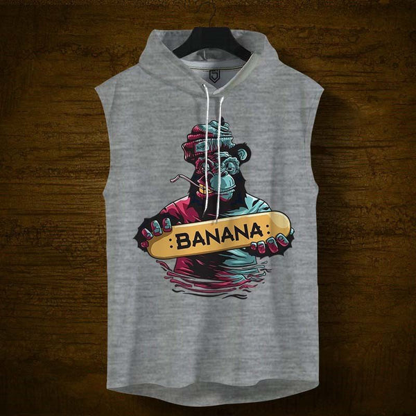 Juxar mens grey sleeveless hip length hoodie with colorful monkey graphic holding a banana