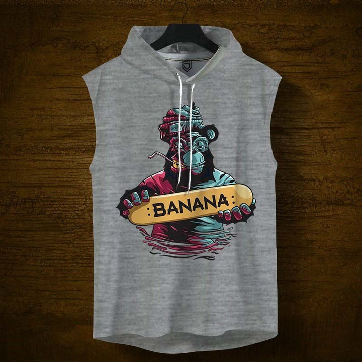 Juxar mens grey sleeveless hip length hoodie with colorful monkey graphic holding a banana