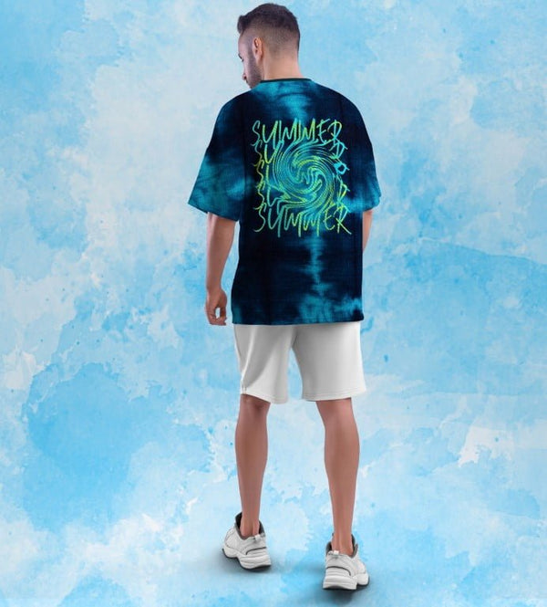 Juxar blue tie dye full printed oversized t shirt for women with neon summer swirl graphic on back