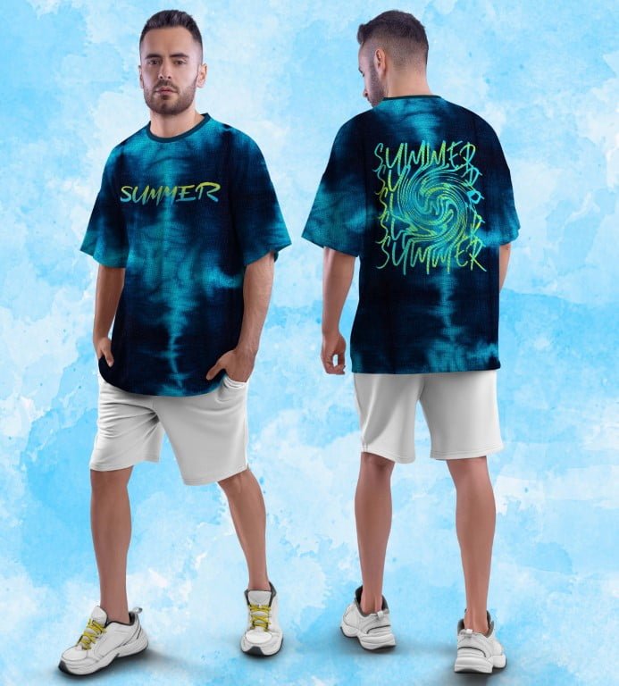 Juxar full printed oversized t shirt for women blue tie dye summer graphic front and back view on model